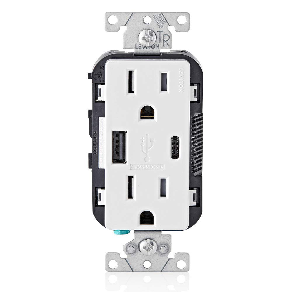 Leviton T5633-W, 15A In-Wall Charger with Tamper-Resistant Outlet