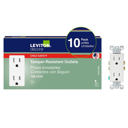 Leviton T5325-WMP, 15 Amp Decora Electrical Wall Outlet, (10 Pack)