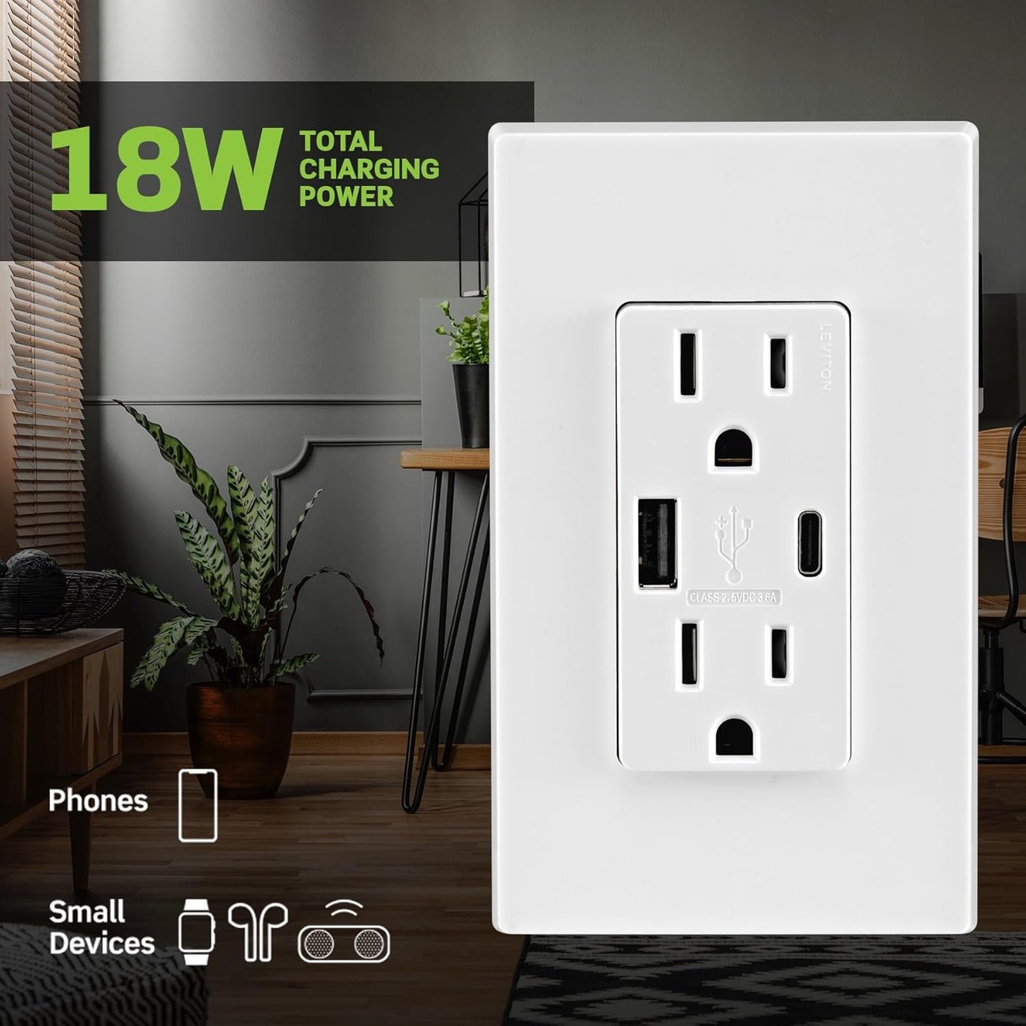 Leviton, T5638-W, 18W, Tamper-Resistant Outlet
