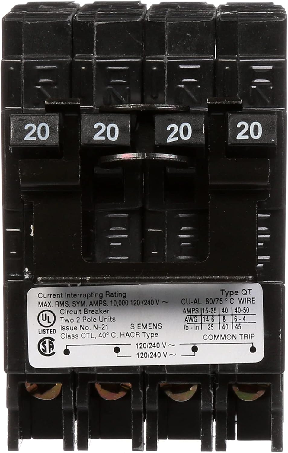 Siemens QP Q22020CT2, 20A, Double-Pole, Circuit Breaker