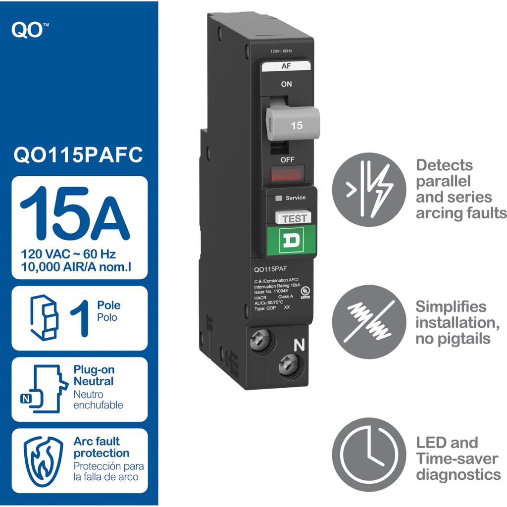 Square D QO QO115PAF 15A Single-Pole 120V AFCI Circuit Breaker