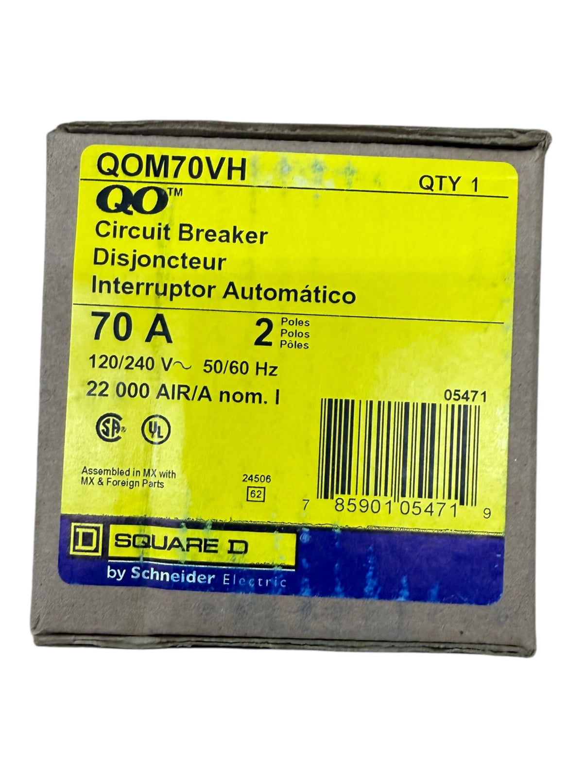 Square D, QOM70VH, QO, 70A, 2 pole, 120/240VAC, 22kA, bolt on