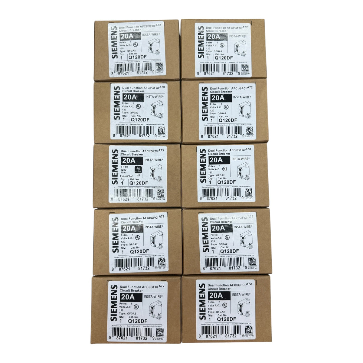 Siemens QP Q120DF 20 Amp Single-Pole 120V Dual-Function AFCI/GFCI Circuit Breaker (10 Pack)