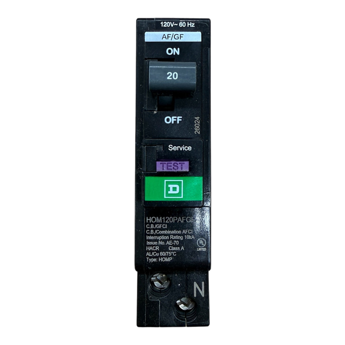 Square D Homeline HOM120PAFGF 20A Single-Pole Dual-Function AFCI/GFCI Plug-On Neutral Circuit Breaker