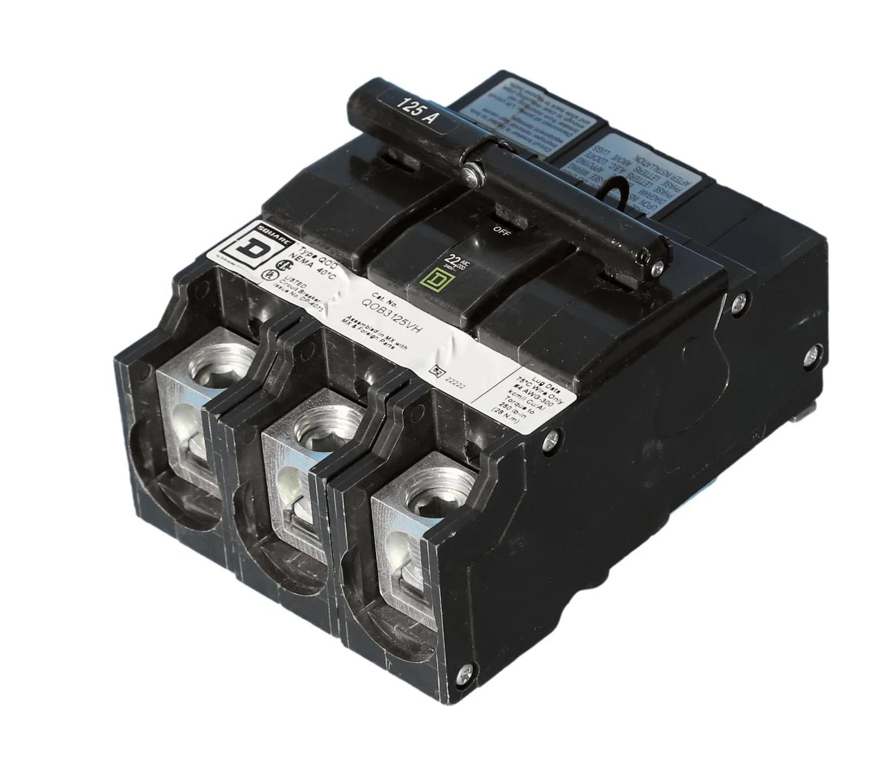 Square D, QOB3125VH, circuit breaker, QO, 125A, 3 pole, 240VAC, 22kA, bolt on
