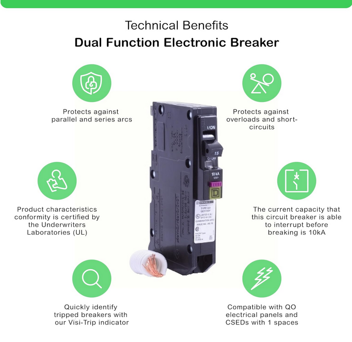 Square D QO QO115DFC 15A Single-Pole 120V Dual-Function AFCI/GFCI Circuit Breaker
