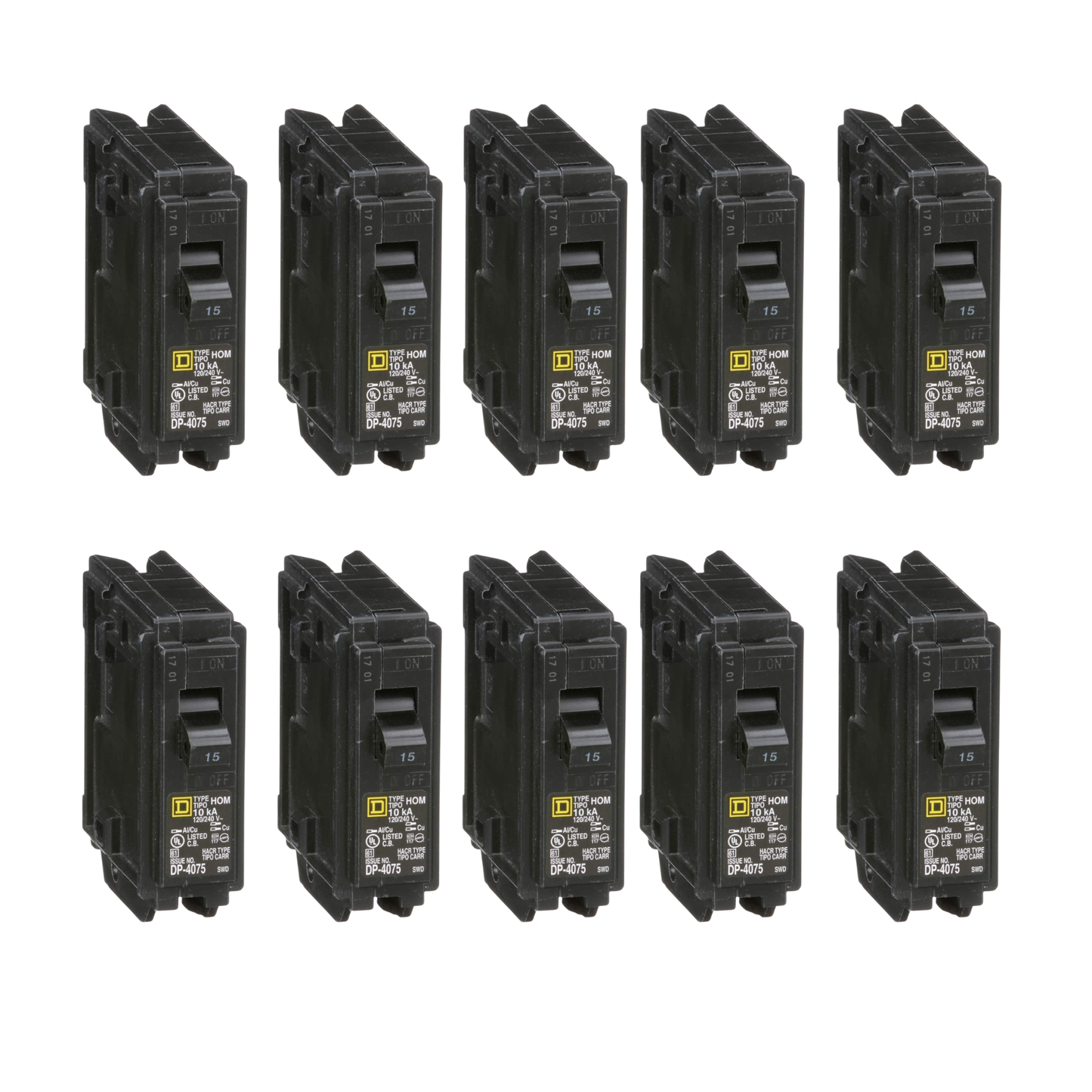 Square D Homeline HOM115 15A Single-Pole 120V Circuit Breaker (10 Pack)