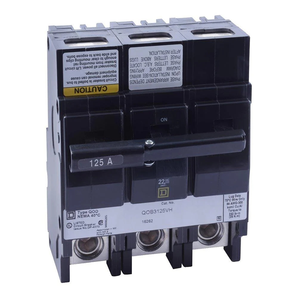 Square D, QOB3125VH, circuit breaker, QO, 125A, 3 pole, 240VAC, 22kA, bolt on