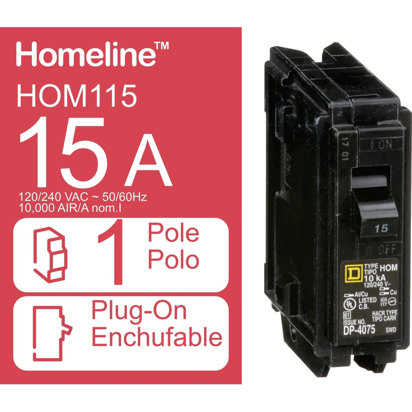 Square D Homeline HOM115 15A Single-Pole 120V Circuit Breaker
